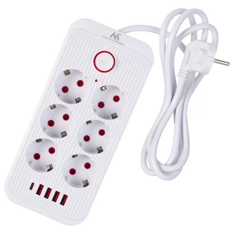 Predlžovacia zásuvka MACLEAN MCE389 W — 6 zásuviek, 4×USB-A, 1×USB-C, 2500W, 110–240V, 1,5 m kábel, biela