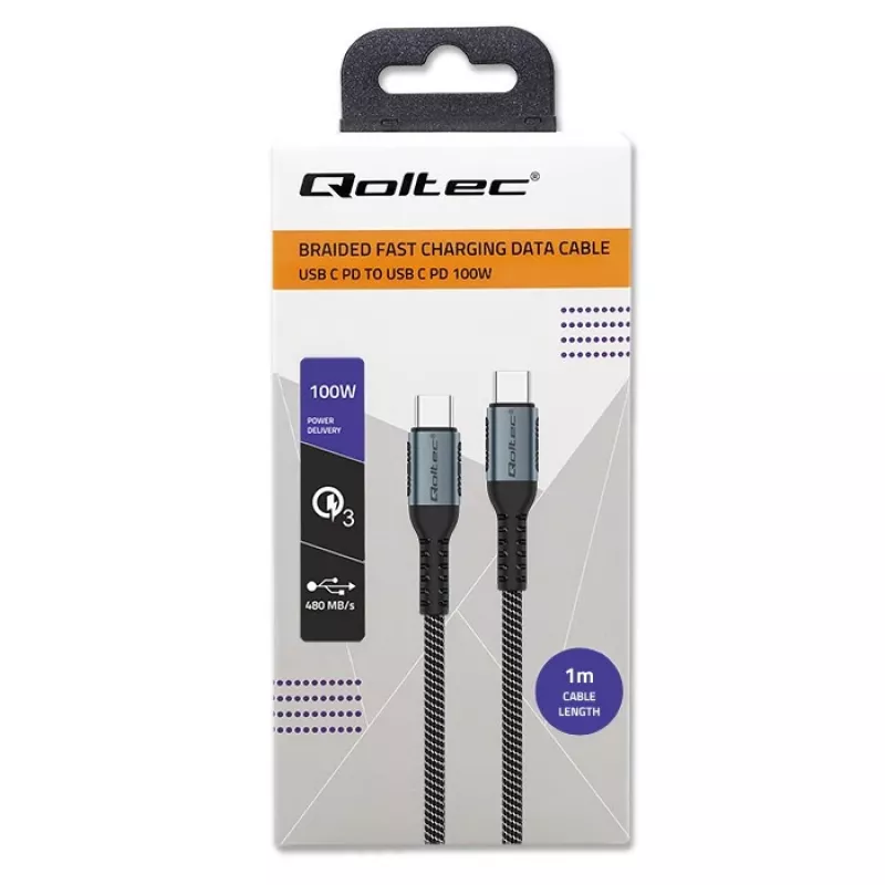 Qoltec kábel USB 2.0 Type-C na USB 2.0 Type-C 100W QC 3.0 PD 1m čierny