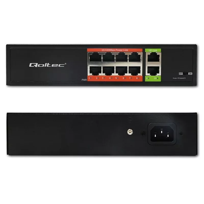 Sieťový switch QOLTEC FAST Ethernet PoE 8xRJ45 s 2xRJ45 uplink