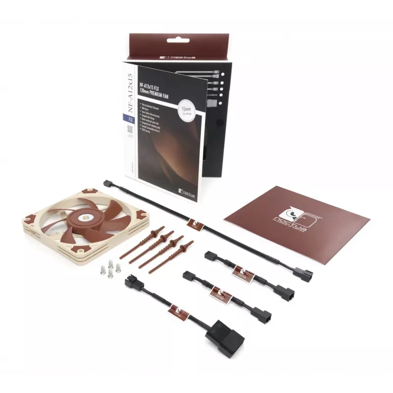 Ventilátor Noctua NF-A12x15 FLX — 120 mm plochý 15 mm PC skriňový ventilátor, 12 V, 1850 U/min, 94,2 m³/h, 23,9 dB, 3-Pin