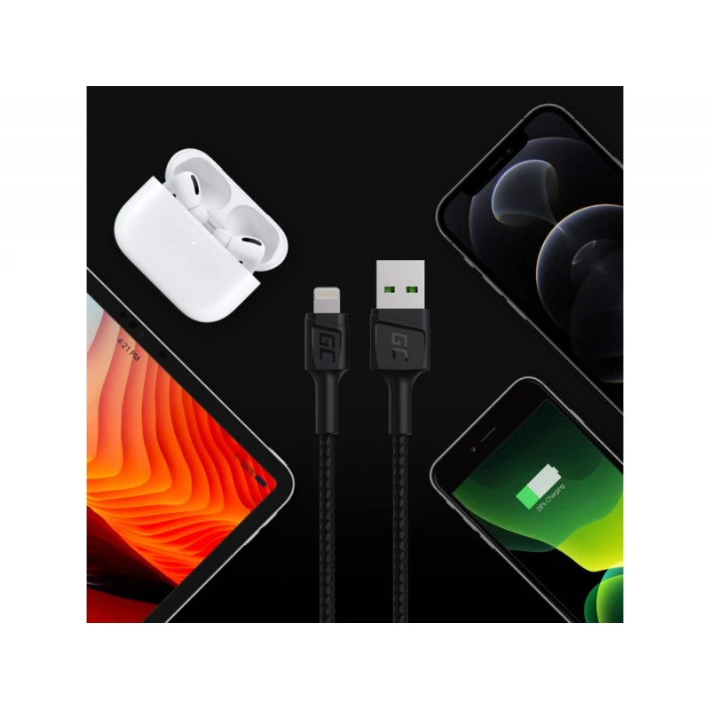 Lightning kábel Green Cell KABGC18 — 2 m, Lightning na USB-A, čierny