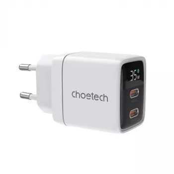 Choetech PD6051 2x USB-C PD 35W GaN nástenná nabíjačka s displejom - biela