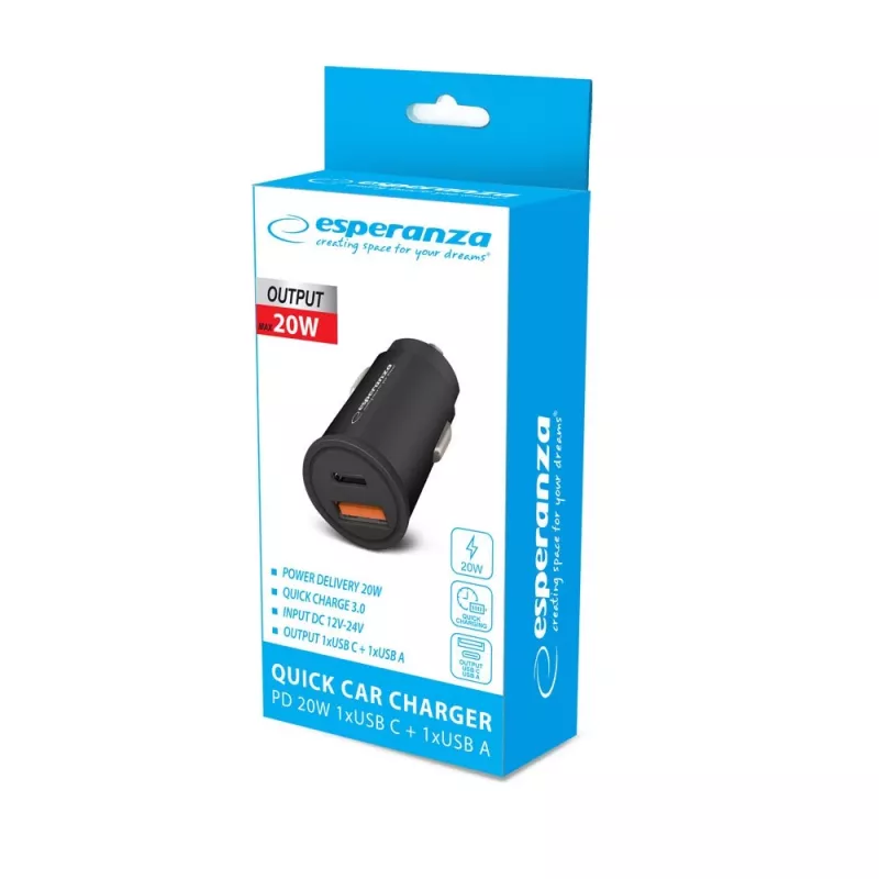 Auto USB nabíjačka ESPERANZA EZC111K, 20W (USB-C PD 20W + USB-A QC3.0), 12–24V vstup, čierna