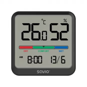 Senzor teploty a vlhkosti do interiéru SAVIO CT-01/B voľne stojaci, LCD, -10–55 °C, 10–99 % rH, CR2032