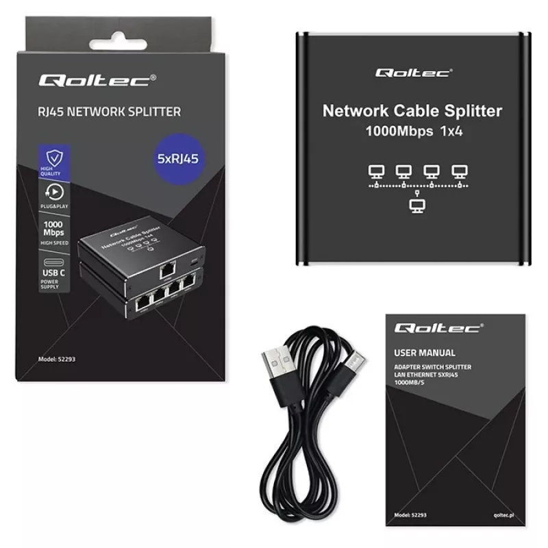 Ethernet mini switch QOLTEC 52293 1x4 RJ45, neřízený sieťový rozbočovač 1-in 4-out
