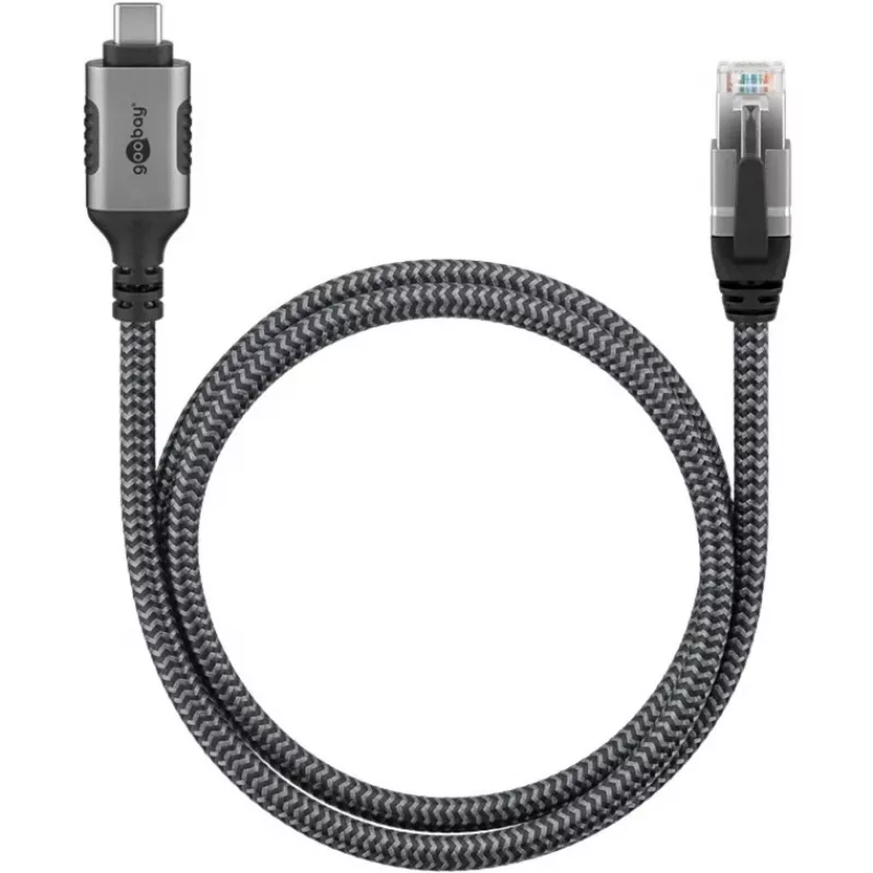 Ethernetový kábel USB-C 3.2 Gen2 konektor samec > RJ-45 konektor samec, LAN adaptér čierny/strieborný, 3 metre, pletený textilný plášť