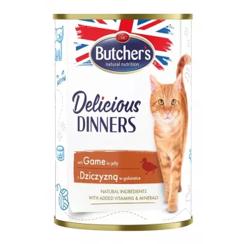 Mokré krmivo pre mačky butcher's Delicious Dinners 400 g — dospelé, príchuť divina, 82 % vlhkosti, 8,5 % bielkovín, 5,5 % tuku