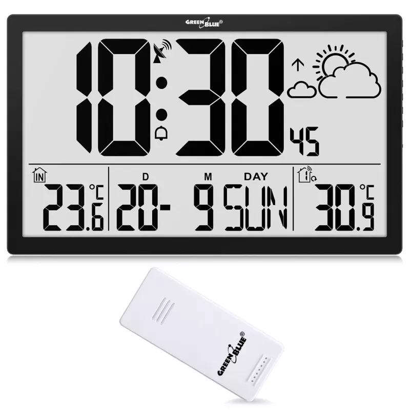 Nástenné hodiny GreenBlue GB218 — extra veľký LCD, meteorologická stanica, vnútorné/vonkajšie teploty, zobrazenie dátumu