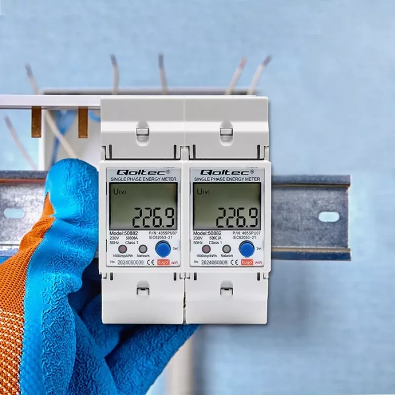 Qoltec 50882 Jednofázový elektronický merač spotreby energie na lištu | Wi-Fi | TUYA | 230V | LCD