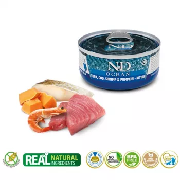 Mokré krmivo pre mačky Farmina N&D Ocean Kitten tuniak, treska & krevety s tekvicou 70 g konzerva