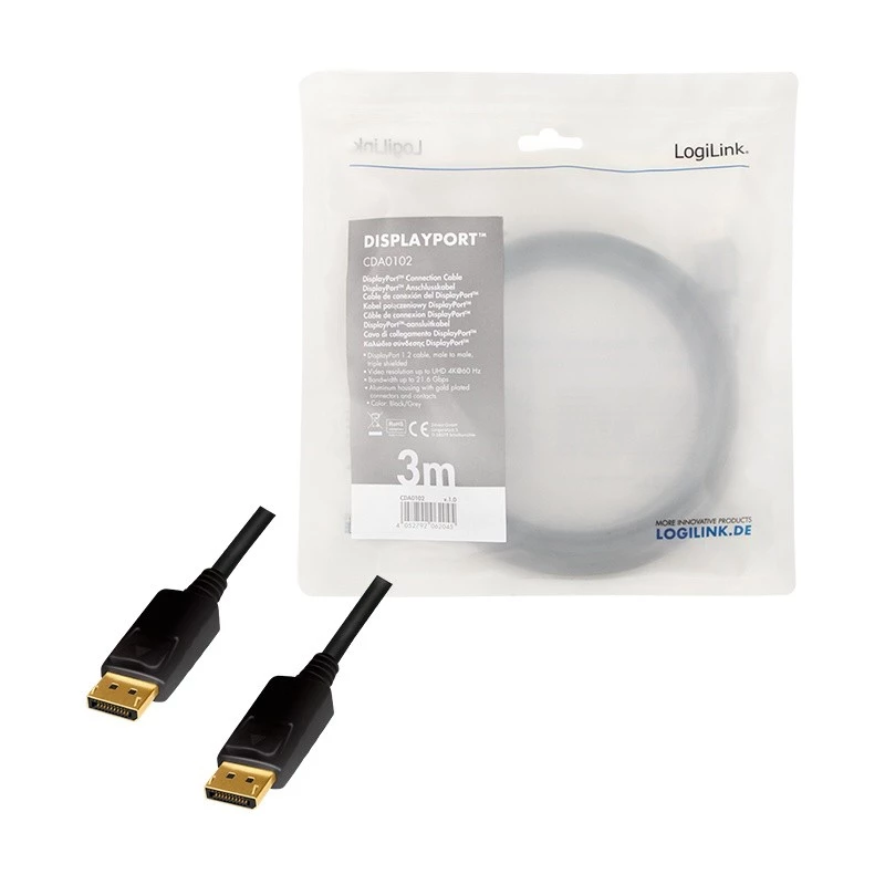 DisplayPort kábel LogiLink CDA0102 3 m sivý čierny