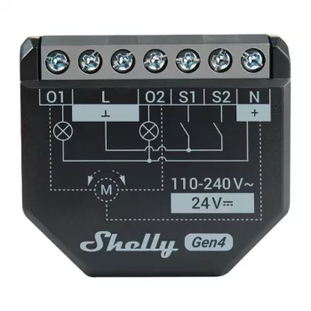 Shelly 2PM Gen4 roletový/žalúziový aktor 2 kanály, AC 110–240V, 2,4 GHz Wi‑Fi, 1,4 W, 8000 KB Flash