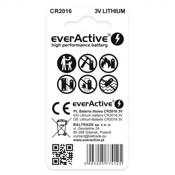 Lítium gombíková batéria everActive CR2016 — 3 V, priemer 20 mm, výška 1,6 mm, balenie 2 ks