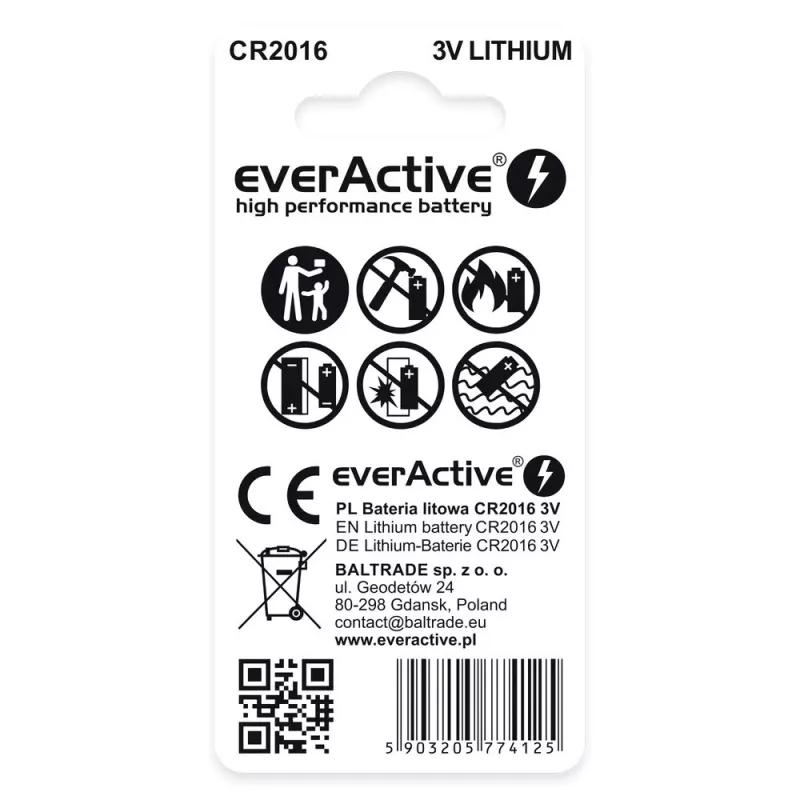 Lítium gombíková batéria everActive CR2016 — 3 V, priemer 20 mm, výška 1,6 mm, balenie 2 ks