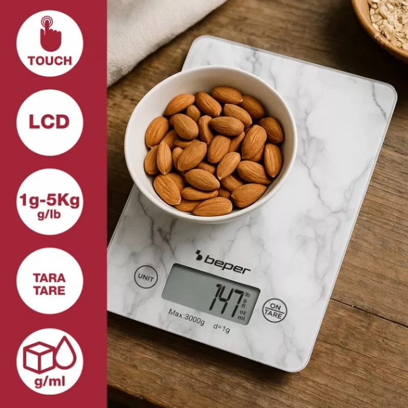 Kuchynská váha Beper P102BIL004 - digitálna, 5 kg, 1 g, biely mramor