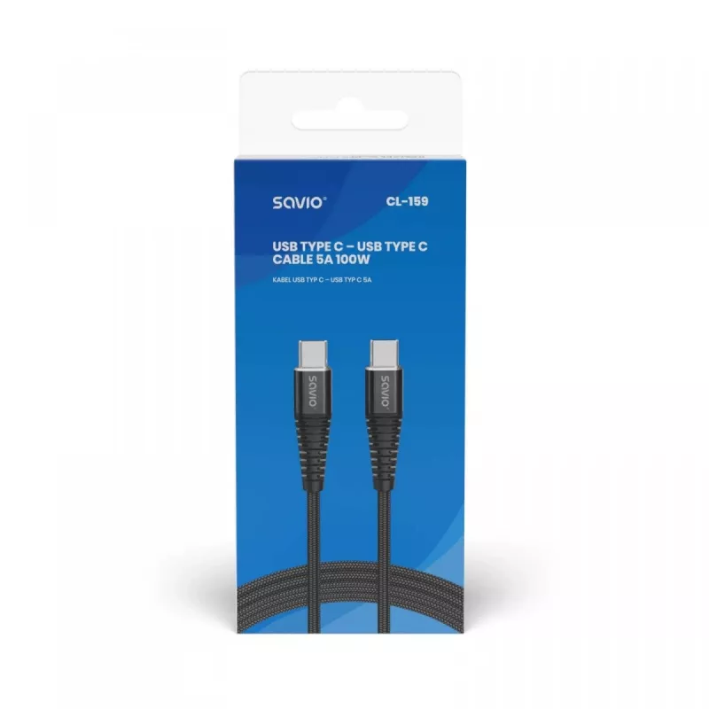 USB-C na USB-C kábel SAVIO CL-159 1 m, USB 2.0 (480 Mbit/s), čierny, 2,1 A