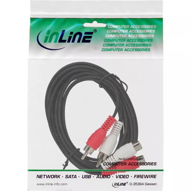 InLine audio kábel 2x RCA konektor samec / konektor samica 20 m, 2 x RCA, konektor samec, 2 x RCA, konektor samica, 20 m, čierny