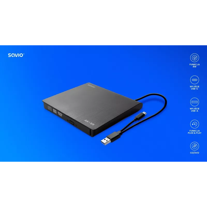 SAVIO AK-59 externá štíhla CD/DVD vypaľovačka R/RW - USB-C/USB-A, čierna