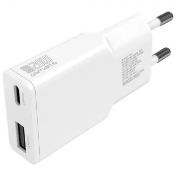 AC Indoor Mobile Device Charger 4smarts 541509 — 100–240V, USB-A + USB-C, 1.5 m kábel, rýchlonabíjanie, biela