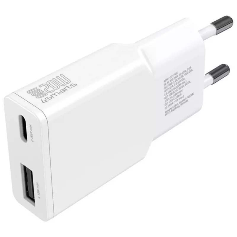 AC Indoor Mobile Device Charger 4smarts 541509 — 100–240V, USB-A + USB-C, 1.5 m kábel, rýchlonabíjanie, biela