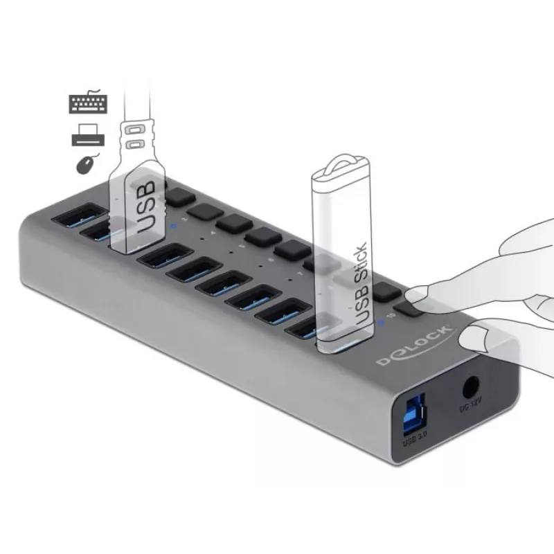 DeLOCK externý 5 Gbps USB hub s 10 portami + prepínač