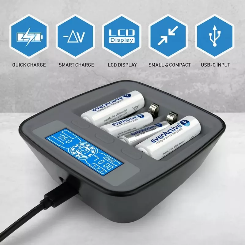 everActive NC-1000M V2 nabíjačka batérií, Ni-MH, 4 sloty AA/AAA, USB-C, čierna
