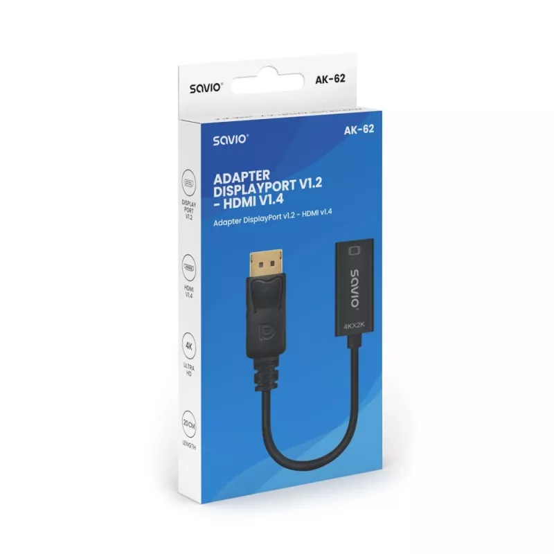 Adaptér Savio DisplayPort (M) v1.2 - HDMI A (F) v1.4, 4K, AK-62