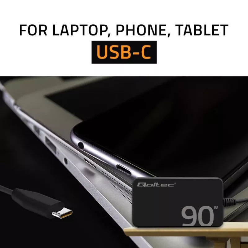 Qoltec 90W GaN Super Fast SLIM nástenná nabíjačka | XP | 5-20V | 4,5A | USB-C 3.1 | notebook | MacBook | smartfón | + kábel