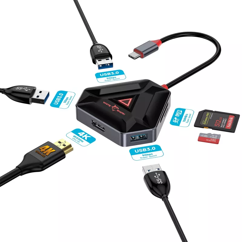 White Shark Hexagon 6-in-1 rozbočovač USB-C