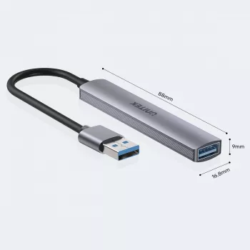 USB hub Unitek H1208A — 4 porty (1 × USB 3.2 Gen 1 Type-A, 3 × USB 2.0), hliníkové puzdro, sivá, 0,20 m kábel