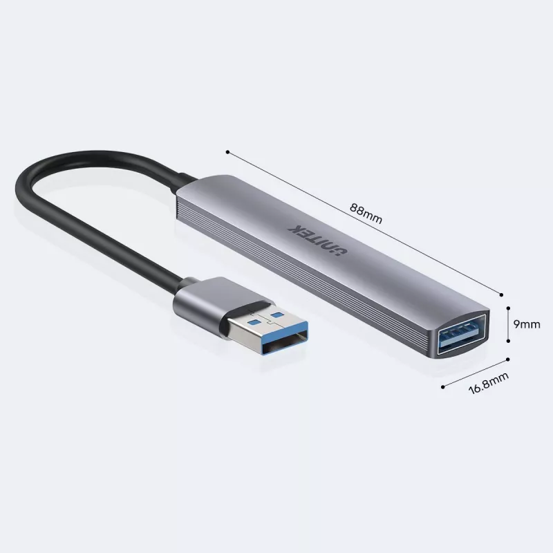 Unitek H1208A USB-A rozbočovač, 4 porty (1x USB-A 5 Gbps, 3x USB-A 2.0), hliník, strieborný