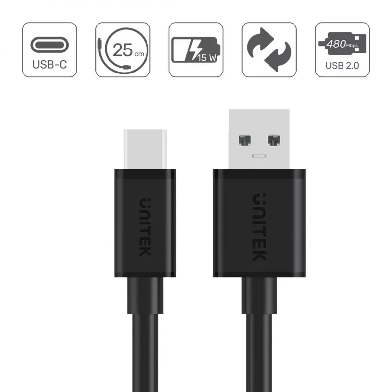 UNITEK USB KÁBEL USB-A — USB-C 25CM, Y-C480BK