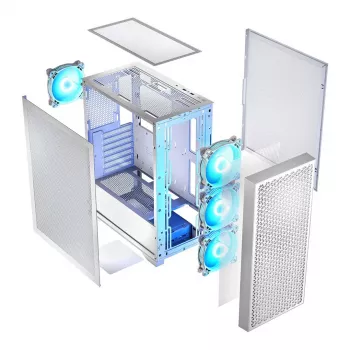 PC skriňa LOGIC Dart Pro Midi ARGB biela — Midi Tower, ATX, 456×200×385 mm, max. GPU 34 cm, výška CPU chladiča 155 mm, 3x120mm vpredu + 1x120mm vzadu, USB 3.0 x2, USB-C x1