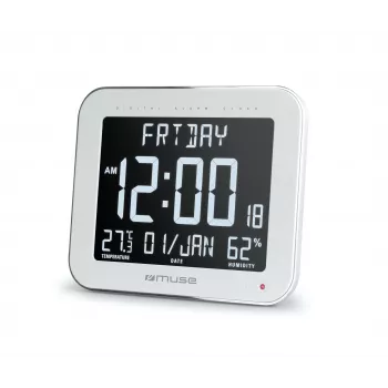 Muse M-090 WMC digitálne nástenné/stolové hodiny s budíkom, veľký LCD displej s automatickým podsvietením, vnútorná teplota a vlhkosť, kalendár, obdĺžnikové, biele
