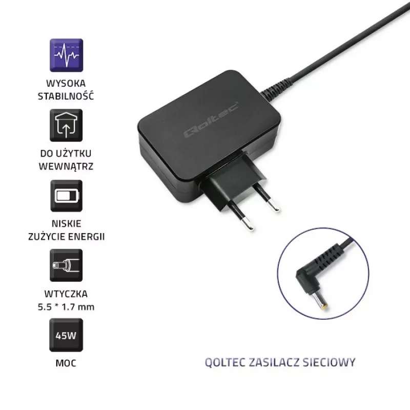 Napájací zdroj QOLTEC 45W 19V 2,37A s konektorom 5,5x1,7 mm
