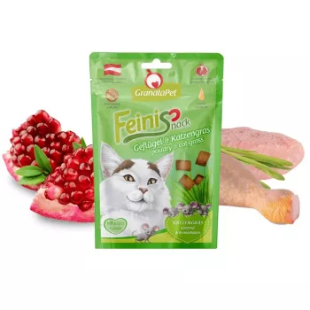 Mačacie maškrty Fox4Pets GRANATAPET FeiniSnack hydina s mačacou trávou, mäsitá pevná maškrta, 50 g, bez obilnín, pre dospelé mačky