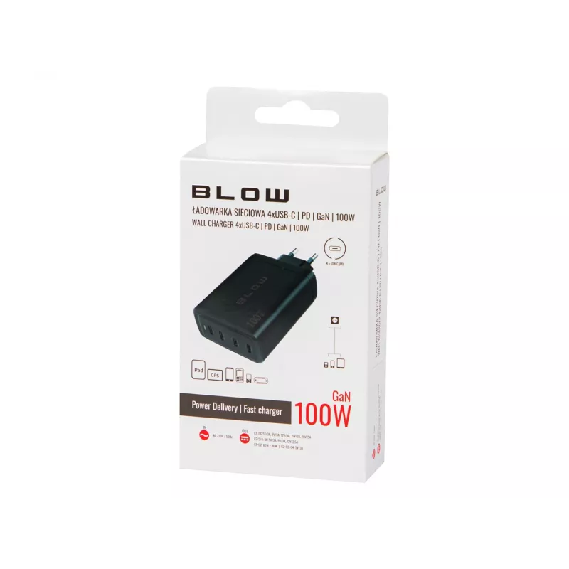 BLOW 4xUSB-C PD 100W GaN sieťová nabíjačka, čierna