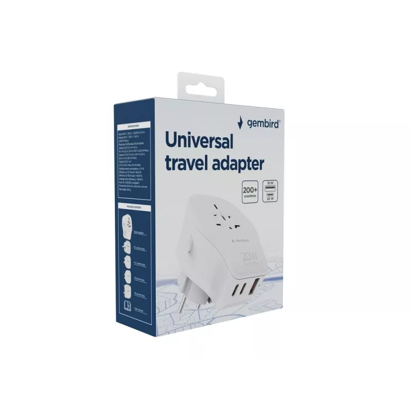 Nástenný cestovný adaptér GEMBIRD TPA-1A2C20-02-W 20W — 1xUSB-A + 2xUSB-C, zástrčka typ G, 100–250 V, biela