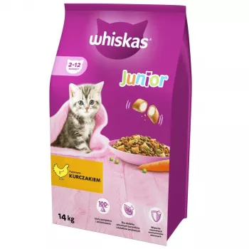 Suché krmivo pre mačky Whiskas Kitten kuracie, 14 kg – pre rastúce mačiatka, 35,7 % proteínu, 13,6 % tuku