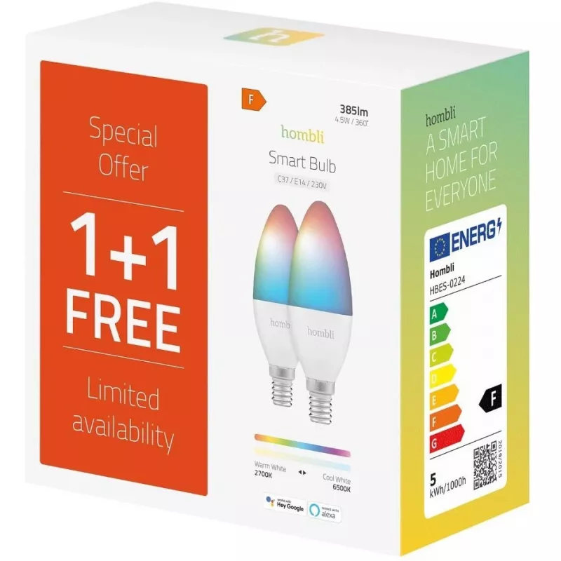 Hombli smart Light Bulb, 4,5W, E14, RGB, CCT, 1+1 promo balenie