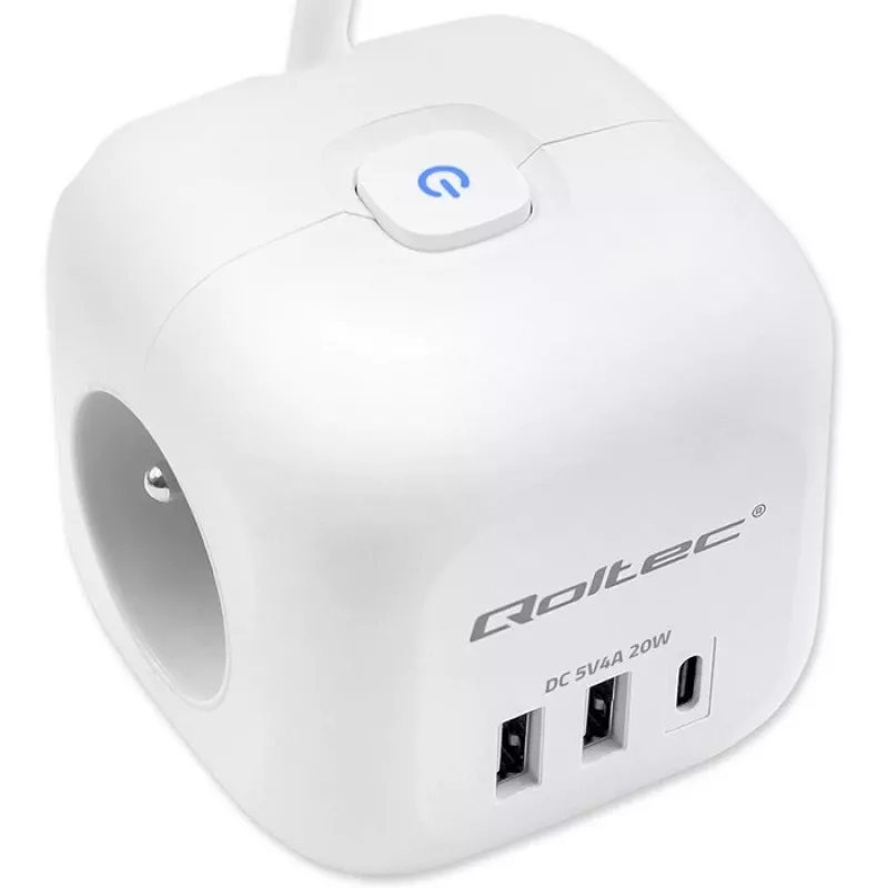 Power Cube QOLTEC 52547 predlžovacia zásuvka 3×AC zásuvky, 2×USB-A, 1×USB-C PD 20W