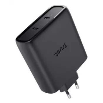 TRUST Maxo 100W 2-portová USB-C GaN nabíjačka — 100 W, 2× USB-C, max. 20 V, 2 m kábel, čierna