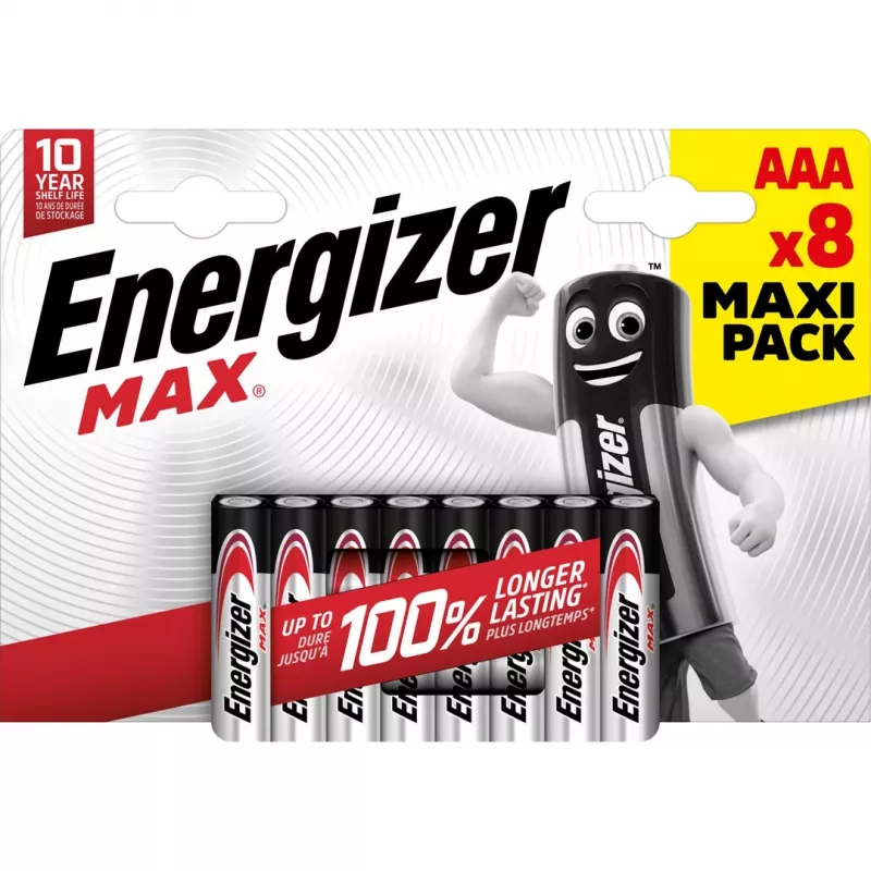 Jednorazová batéria Energizer MAX AAA alkalická 1,5 V – balenie 8 ks, valcová, 10 rokov trvanlivosti