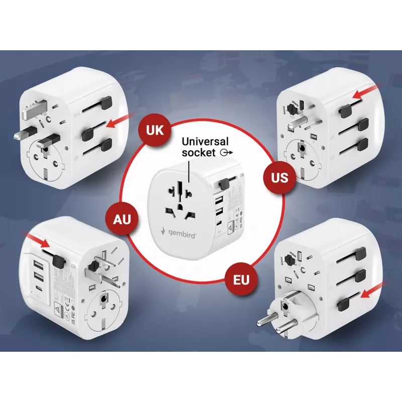 Cestovný adaptér GEMBIRD TPA-EU2A1C15-01-W – 15W, konektor Type-E, 2× USB-A + 1× USB-C, 100–250V