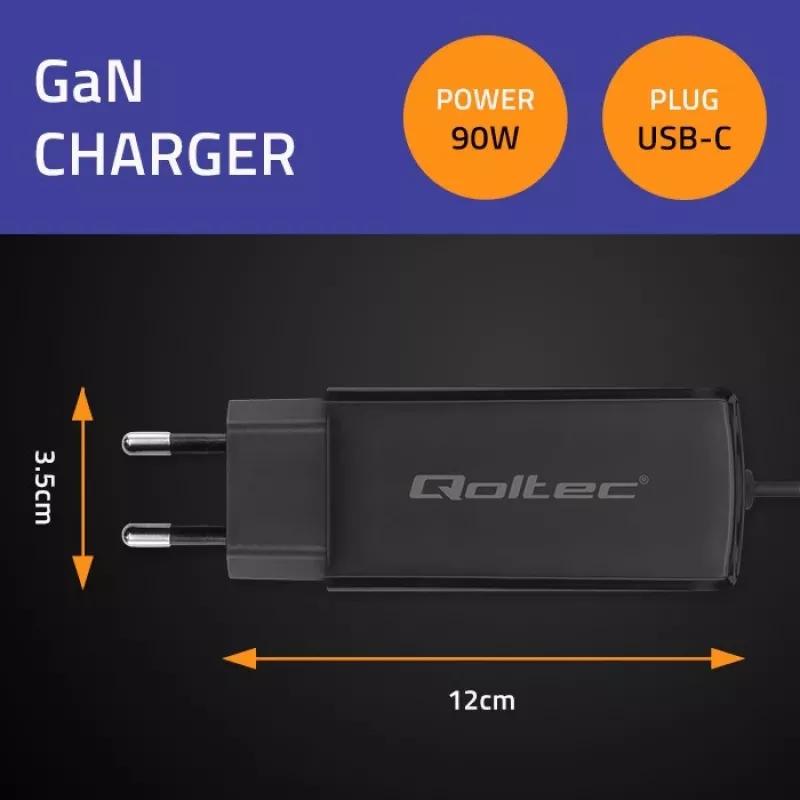 GaN 90W nabíjačka QOLTEC 52420 USB-C PD 5–20V 3A/4,5A výstup, 220–240V vstup, 1,8 m kábel, čierna