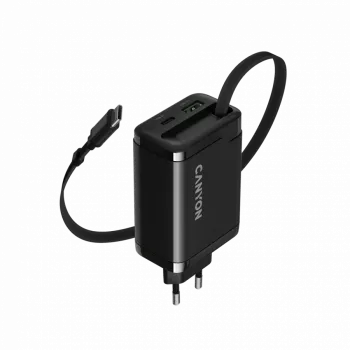 Nabíjačka CANYON OnCharge 65RC s integrovaným USB-C káblom, 65 W, 1x PD, 1x QC, EU zástrčka, čierna