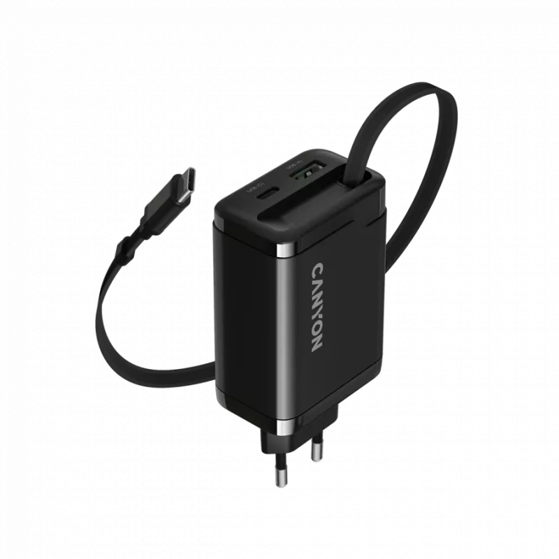 Nabíjačka CANYON OnCharge 65RC s integrovaným USB-C káblom, 65 W, 1x PD, 1x QC, EU zástrčka, čierna