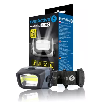 Čelová lampa everActive HL-150, lampa na hlavu, 150 lm, 3 W, IPX4, 3×AAA, čierna