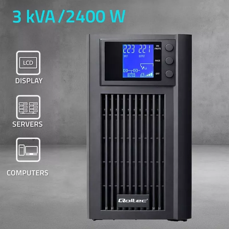 UPS QOLTEC Pure Sine Wave 3kVA 2400W s AVR a LCD displejom