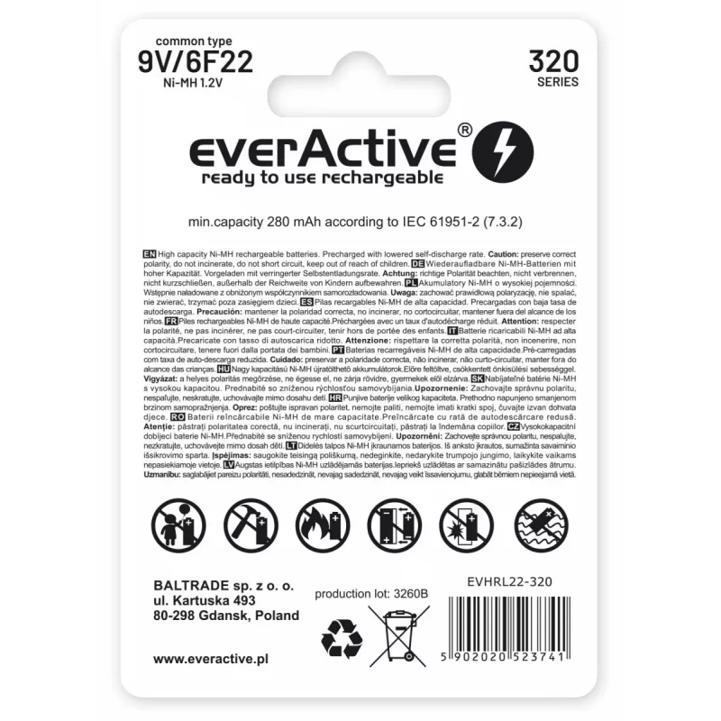 Nabíjateľná batéria everActive EVHRL22-320 9V NiMH hranolová 8,4V, 55 g, 48,5 mm